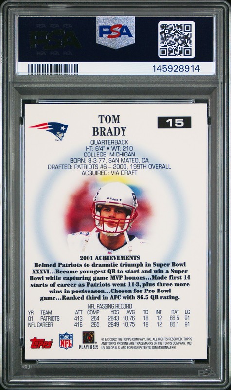 2002 Topps Pristine #15 Tom Brady PSA 9 view 2