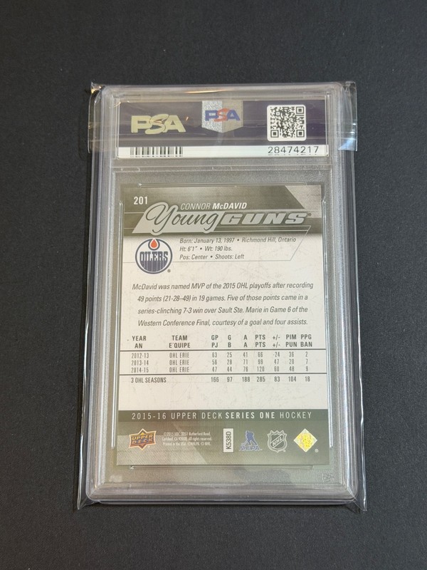 2015-16 UPPER DECK CONNOR MCDAVID YOUNG GUNS PSA 10 - OILERS - #201 view 2