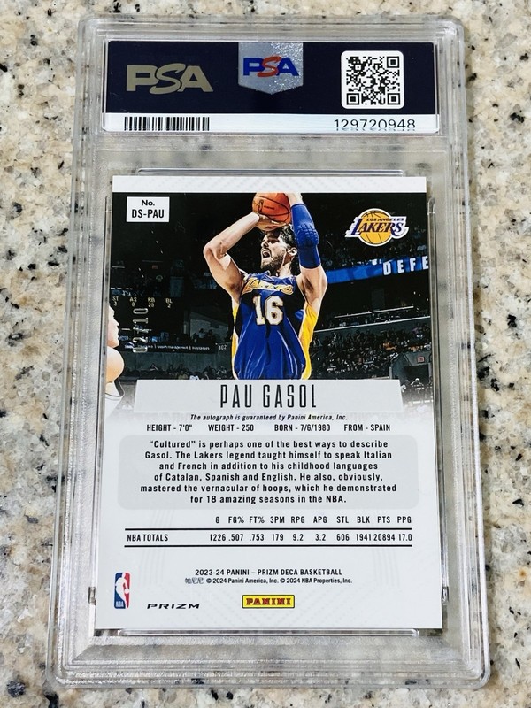 2023-24 PANINI PRIZM DECA PAU GASOL TRUE GOLD 2/10 PSA 9  AUTO 10 LAKERS #DS-PAU view 2