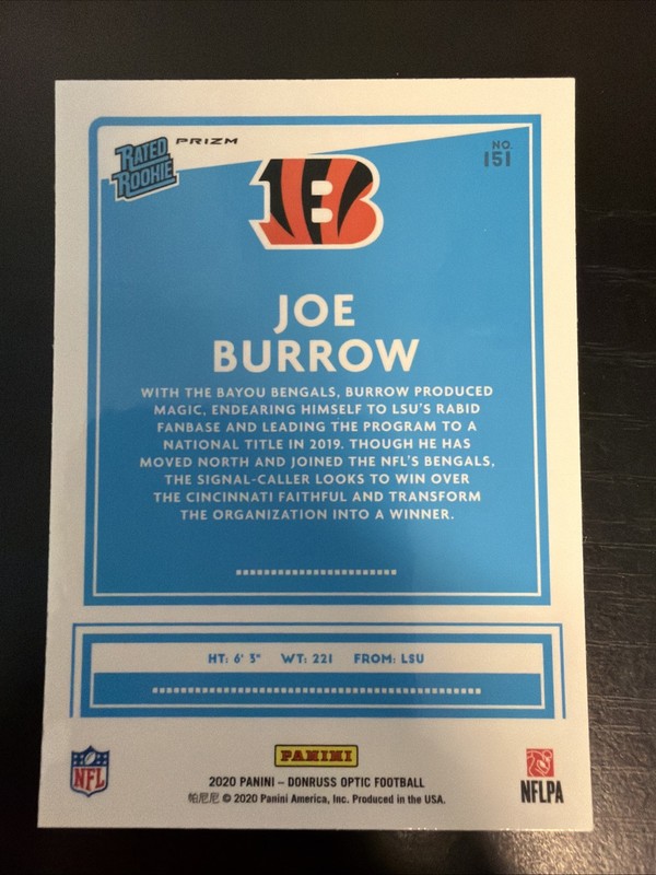 2020 Panini Donruss Optic - Rated Rookies Joe Burrow #151 Holo Prizm (RC) view 2