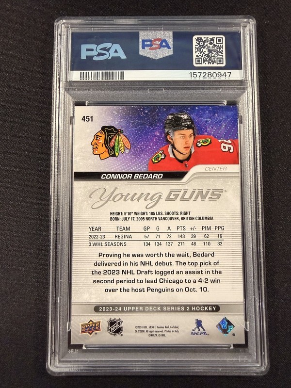 2023 UPPER DECK #451 CONNOR BEDARD YOUNG GUNS RC ROOKIE PSA 9 view 2