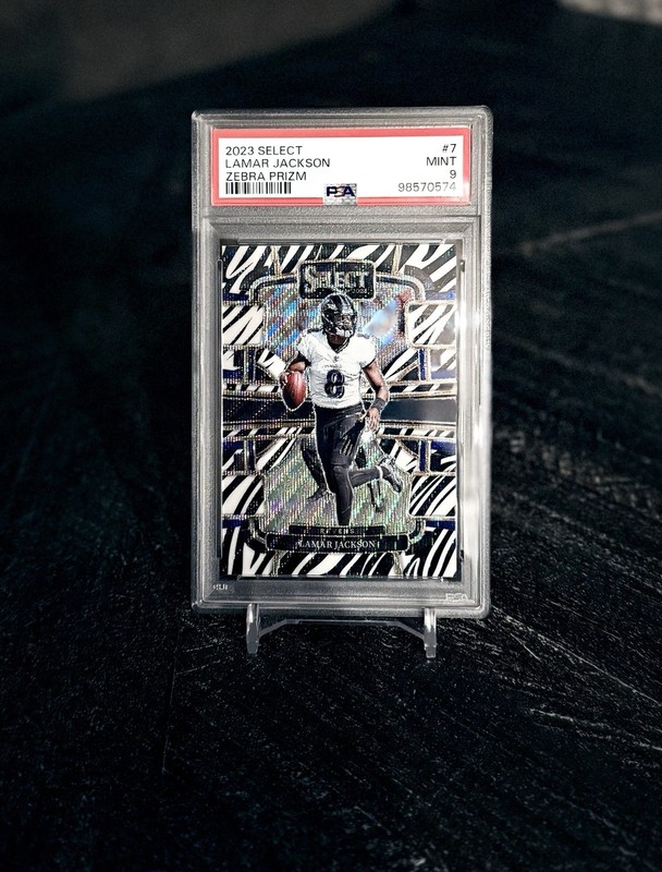 2023 Panini Select - Concourse Lamar Jackson #7 Zebra Prizm PSA 9