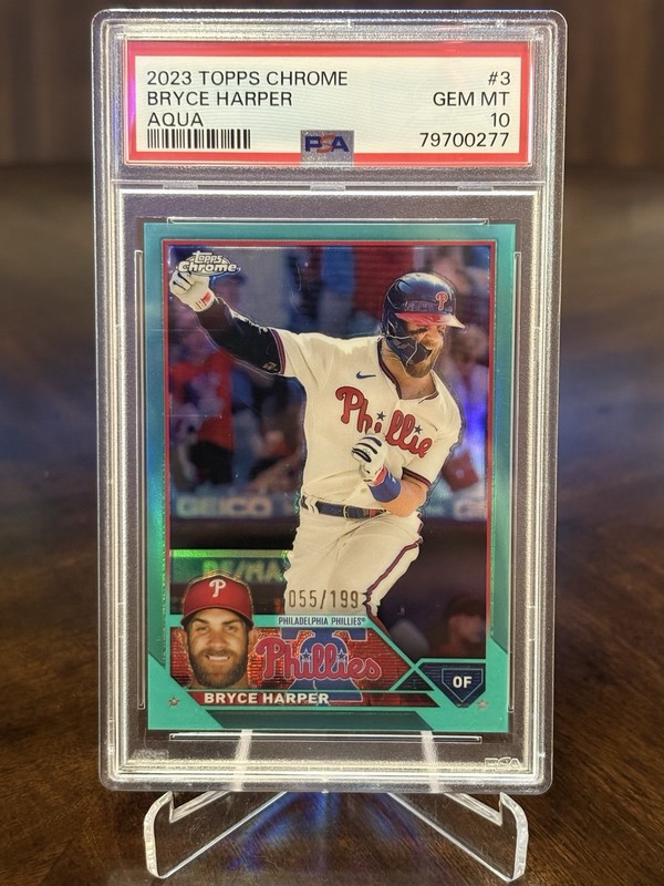 2023 Topps Chrome Bryce Harper Aqua Refractor /199 PSA 10 #3 Phillies view 1