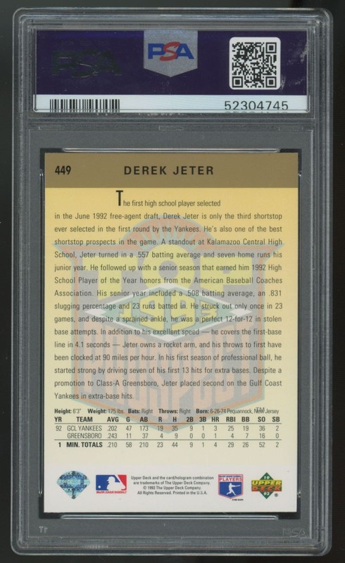 1993 Upper Deck Derek Jeter RC #449 PSA 9 *745 view 2