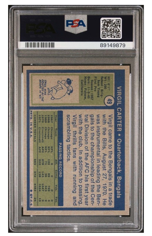 1972 Topps #49 Virgil Carter Cincinnati Bengals PSA 9 Mint Vintage Football Card view 2