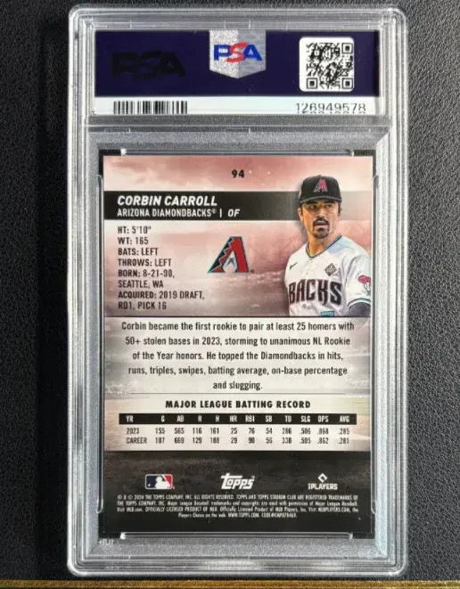 2024 Topps Stadium Club Chrome SuperFractor #94 Corbin Carroll 1/1 PSA 9 RO HA26 view 2