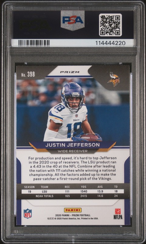 2020 Panini Prizm #398 Justin Jefferson Lazer Prizm PSA 8 view 2