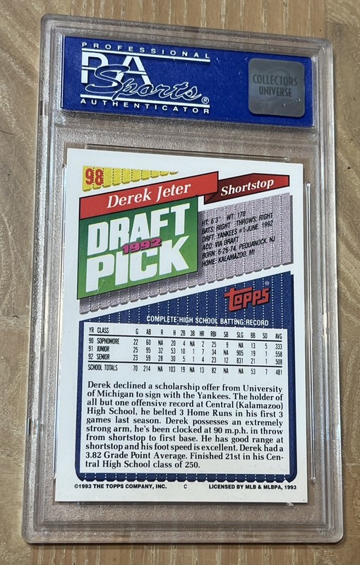 1993 Topps Derek Jeter Rookie RC #98 PSA 8 NM-MT Yankees HOF Draft Pick view 2