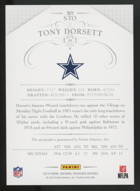 2014 National Treasures Tony Dorsett Silver Auto /15 #S-TO view 2