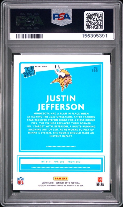2020 Donruss Optic Rated Rookie Justin Jefferson #163 Blue Hyper Prizm RC PSA 10 view 2