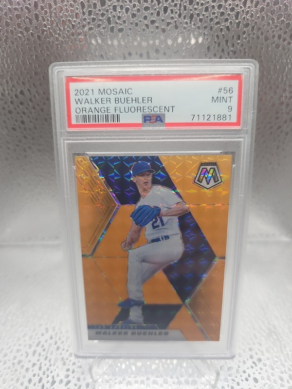 Walker Buehler #56 Fluorescent Orange 2021 Mosaic Numbered 20/25 PSA 9