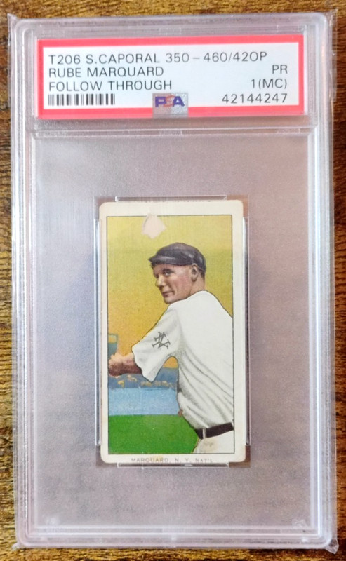 1909-11 T206 Rube Marquard Follow Through SWEET CAPORAL 350-460 No 42 PSA 1 (MC)