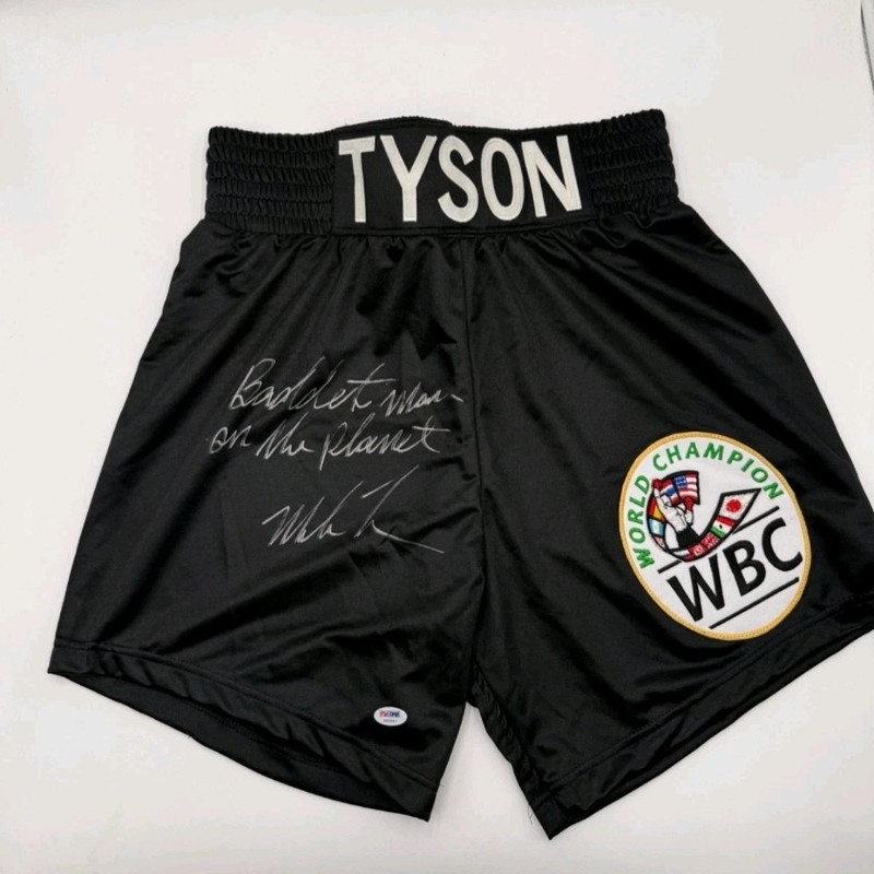 SIGNED MIKE TYSON RARE RARE INSCRIPTION BADDEST MAN ON THE PLANET TRUNKS PSA DNA