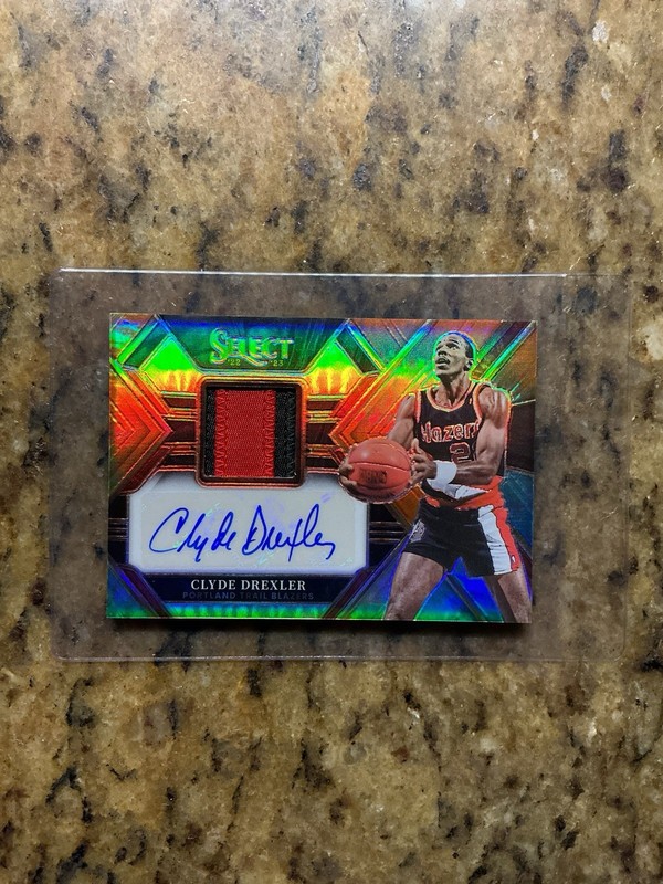 CLYDE DREXLER 2022-23 Panini Select Tye Tie-Dye Prizm Auto GAME WORN Patch #/25 view 2