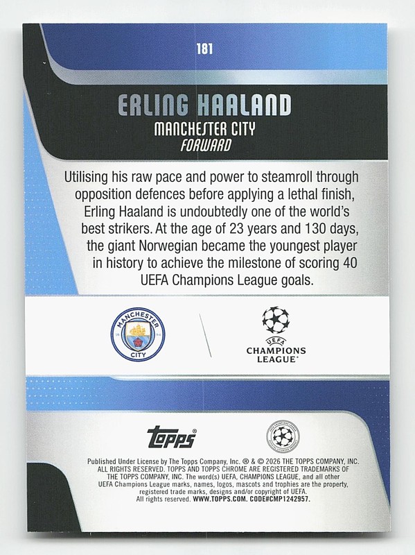 2025-26 Topps Chrome UEFA #181 Erling Haaland Raywave Refractor view 2