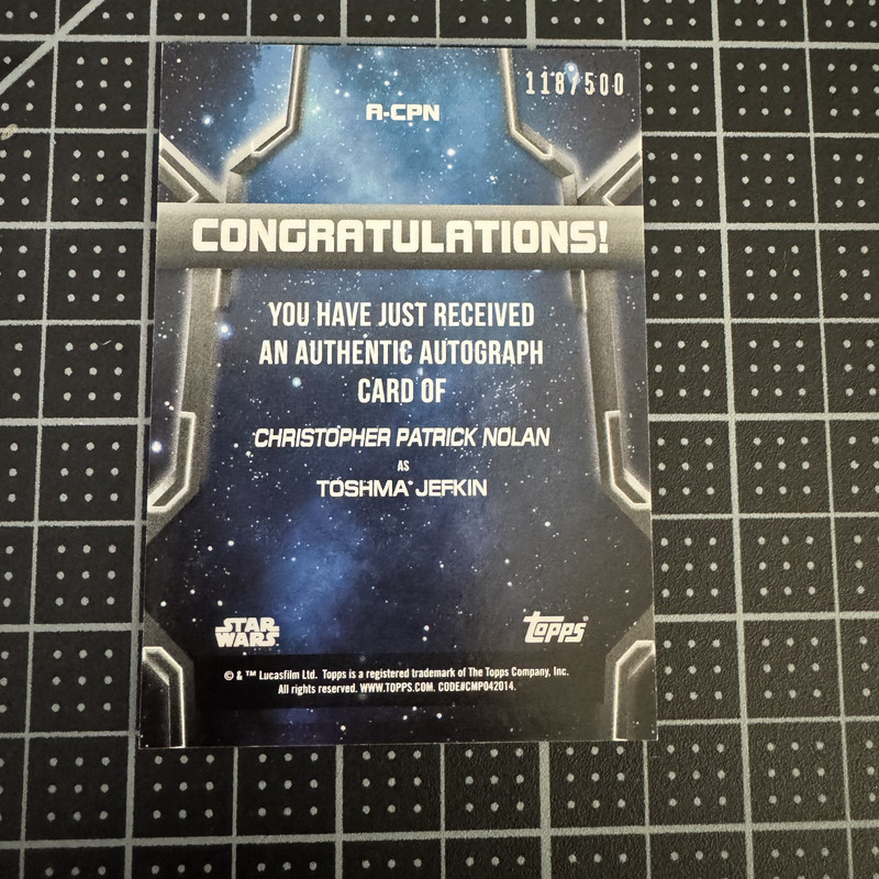 CHRISTOPHER PATRICK NOLAN/"TOSHMA JEFKIN" 2020 TOPPS STAR WARS AUTO CARD 118/500 view 2