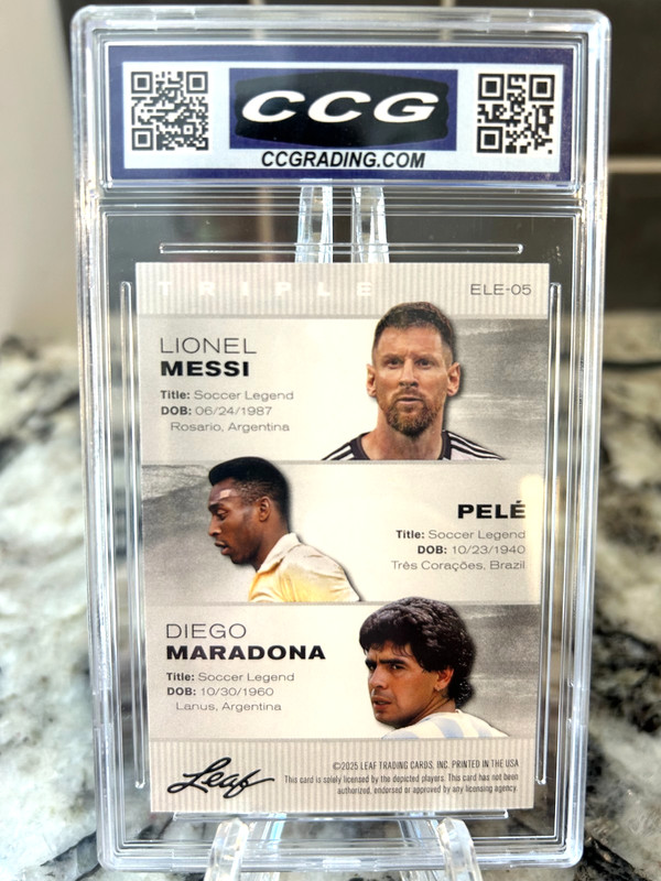 2025 Leaf Triple Messi/Pele/Maradona Exclusive Legends Ed #ELE-05 Graded 10 Gem view 2