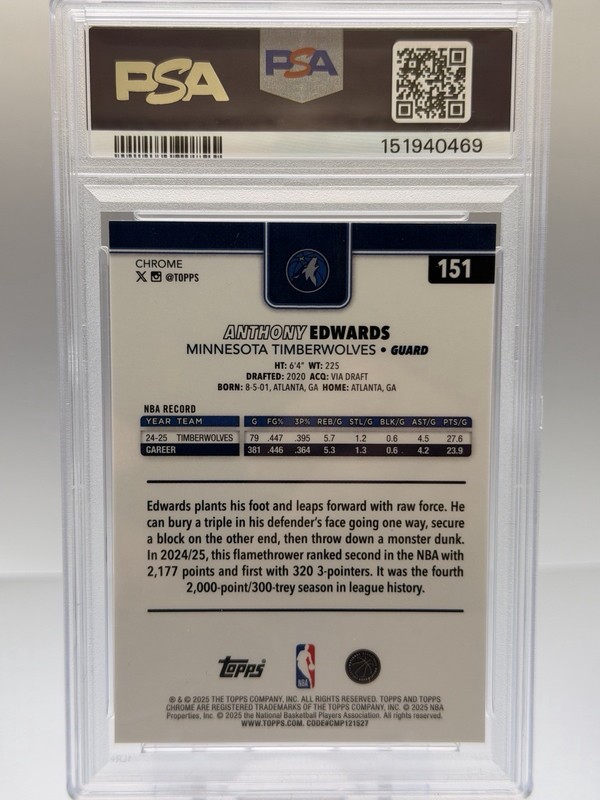 2025-26 Topps Chrome Sapphire - Anthony Edwards PSA 9 Mint view 2