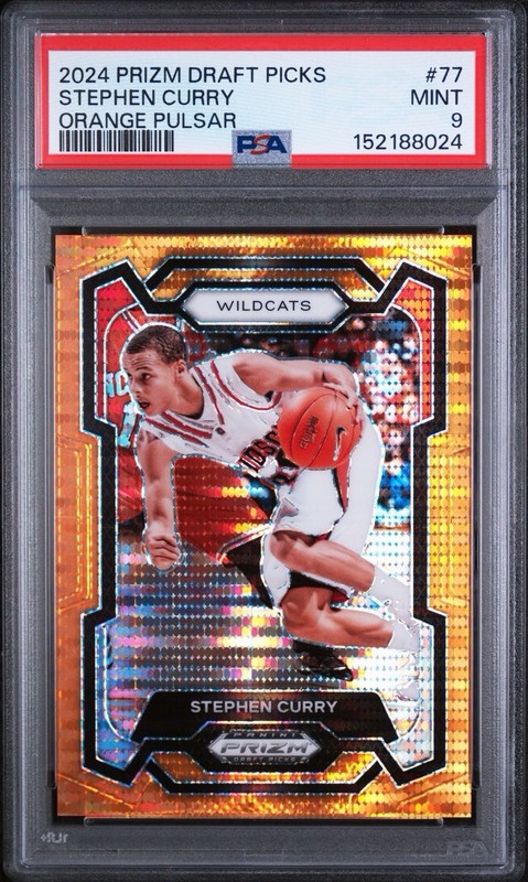 2024 Panini Prizm Draft Picks #77 Stephen Curry Prizms Orange Pulsar #/49 PSA 9