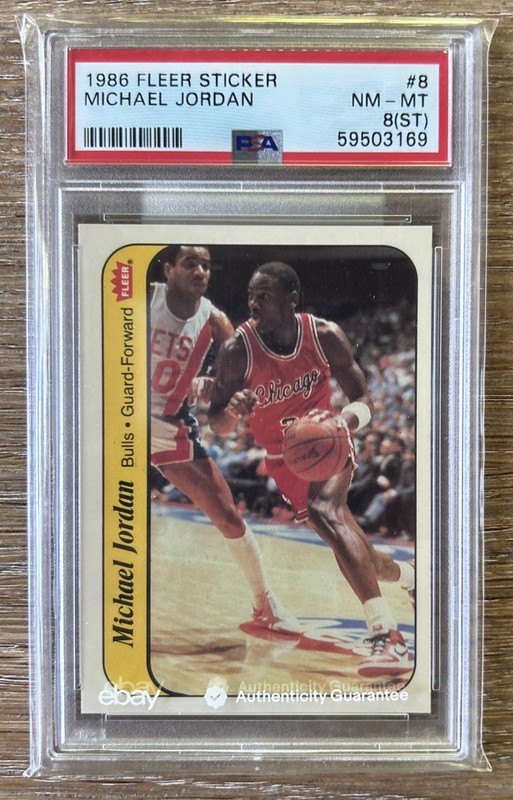 1986 FLEER STICKER #8 MICHAEL JORDAN ROOKIE RC PSA 8 (st) CHICAGO BULLS GOAT 