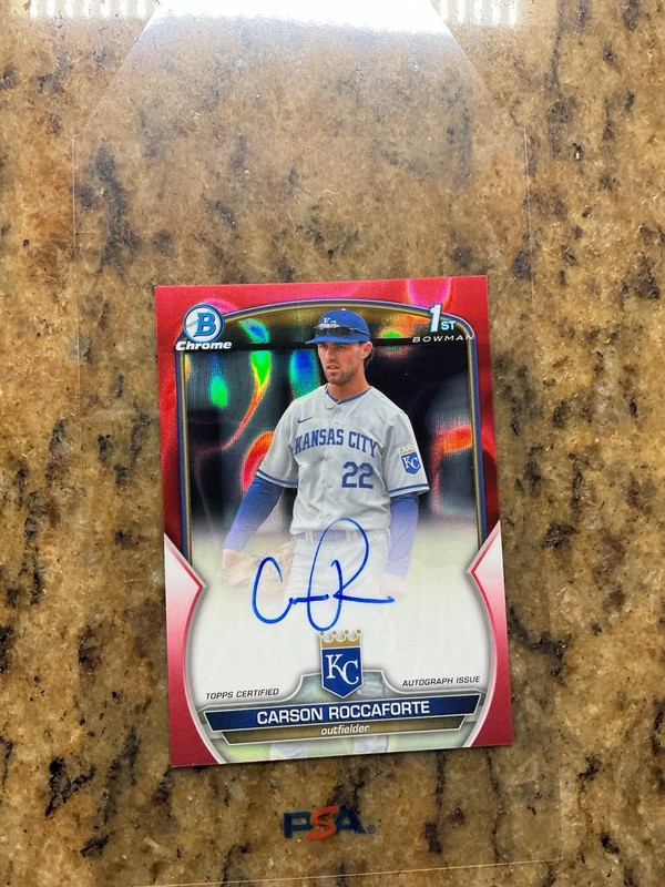 CARSON ROCCAFORTE 2023 Bowman Chrome 1st Red Lava ON CARD Rookie RC Auto #/5 view 2