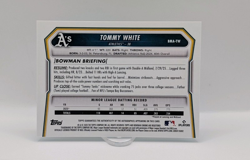 2026 Bowman Chrome Aqua Mojo Refractor Auto /125 Tommy White - Oakland Athletics view 2