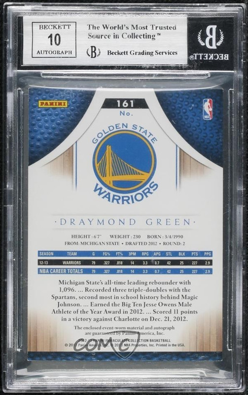 2012 Immaculate Collection #161 DRAYMOND GREEN Rookie Auto Patch 7/99 BGS 9 view 2