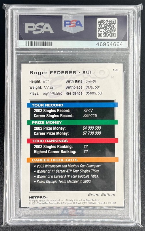 2003 Netpro Elite Roger Federer Event Edition - Event Starter #S2 Rookie PSA 10 view 2