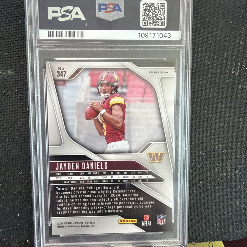 2024 PANINI PRIZM LAZER PRIZM #347 JAYDEN DANIELS ROOKIE RC PSA 8 view 2