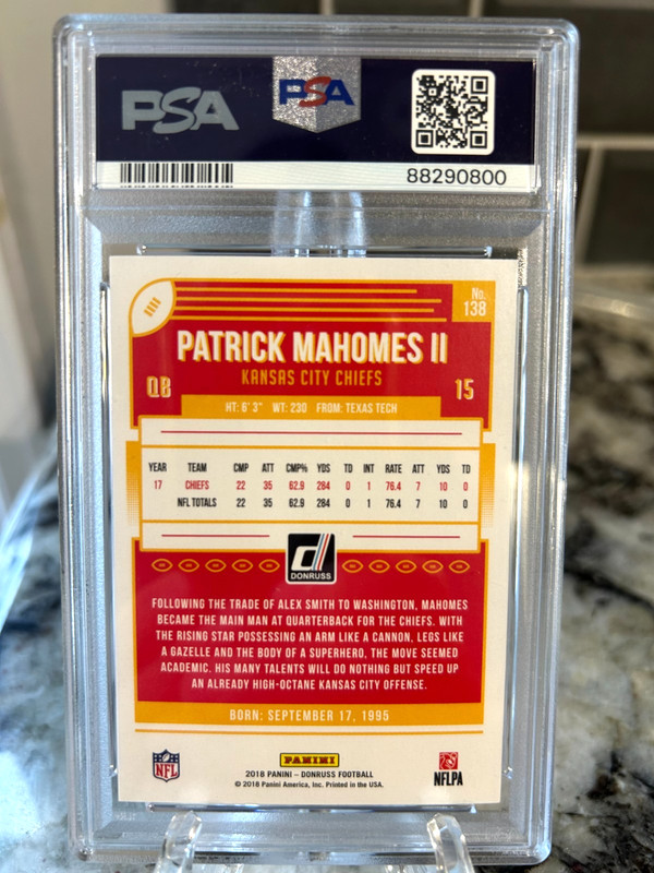 2018 Panini Donruss Patrick Mahomes II #138 PSA Graded 10 Gem Mint view 2