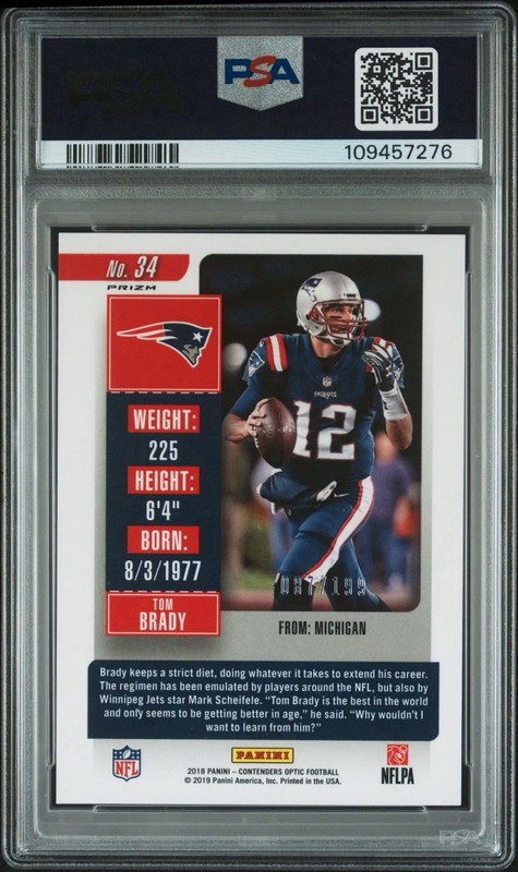 2018 Panini Contenders Optic #34 Tom Brady Red 087/199 PSA 9 Color Match view 2