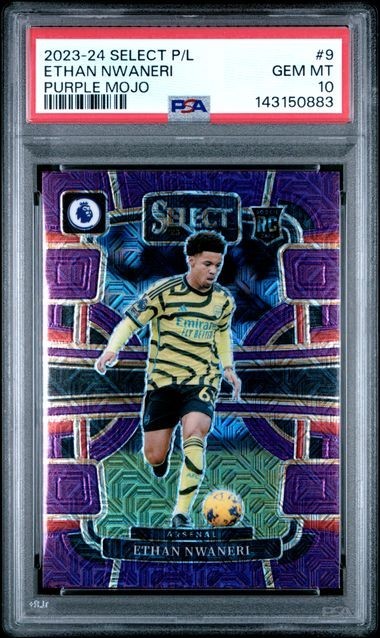 2023-24 Select Premier League Ethan Nwaneri #9 Purple Mojo PSA 10 Rookie Arsenal