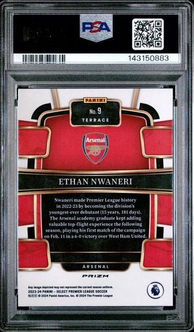 2023-24 Select Premier League Ethan Nwaneri #9 Purple Mojo PSA 10 Rookie Arsenal view 2
