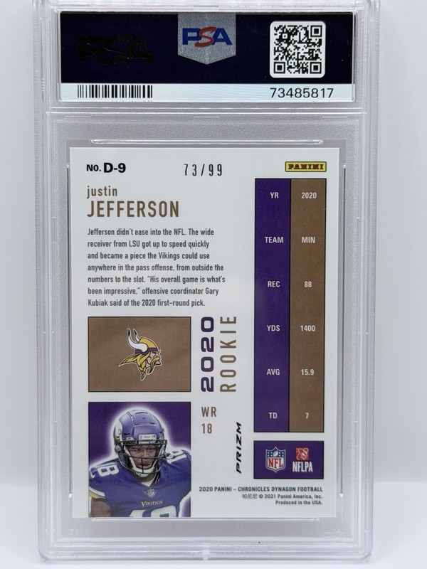 2020 Panini Chronicles - Dynagon Justin Jefferson #D-9 Red Prizm /99 (RC) PSA 10 view 2