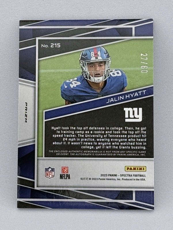 2023 Panini Spectra Jalin Hyatt Rookie Patch Auto Silver RPA /60 RC Giants view 2
