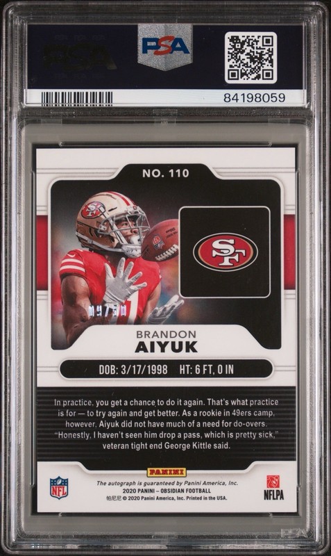 2020 PANINI OBSIDIAN #110 BRANDON AIYUK AUTO-E/E GREEN PSA 10 49ers Rookie Auto view 2