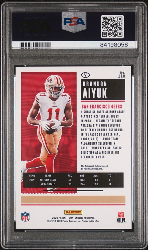 2020 PANINI CONTENDERS #110 BRANDON AIYUK ROOKIE AUTO VARIATION PSA 10 RC 49ERS view 2