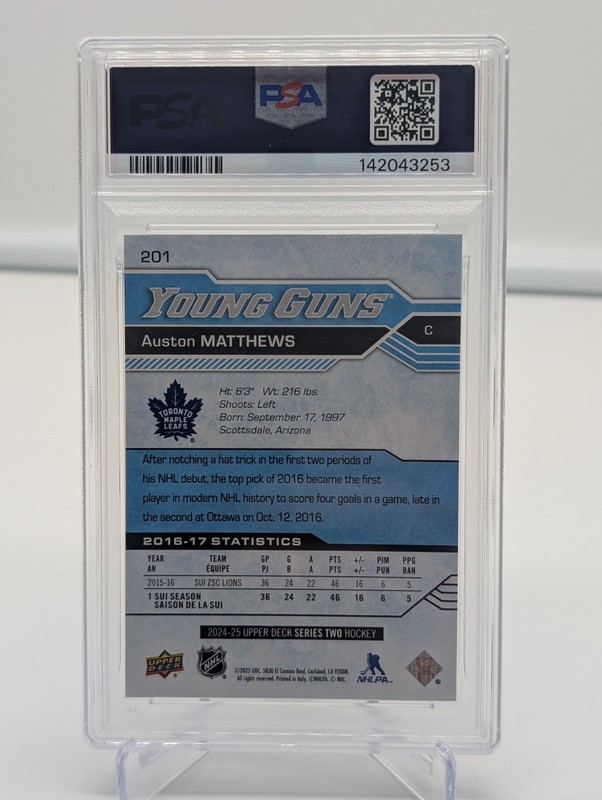 2024-25 Upper Deck Series 2 Auston Matthews Renewed Young Guns Insert #201 PSA 9 view 2