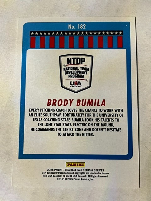 BRODY BUMILA 2025 USA Baseball Stars & Stripes rookie card #182 qty available view 2