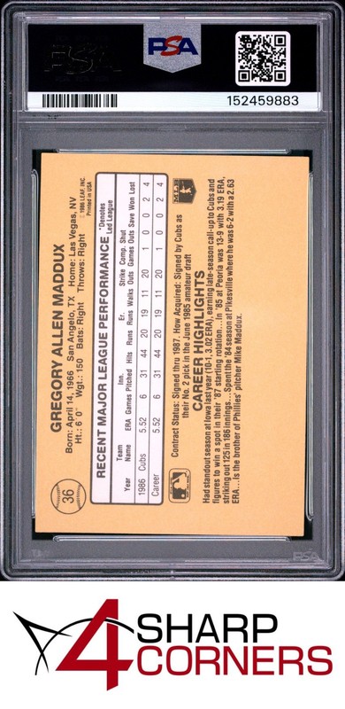 1987 DONRUSS #36 GREG MADDUX RC RATED ROOKIE CUBS HOF PSA 9