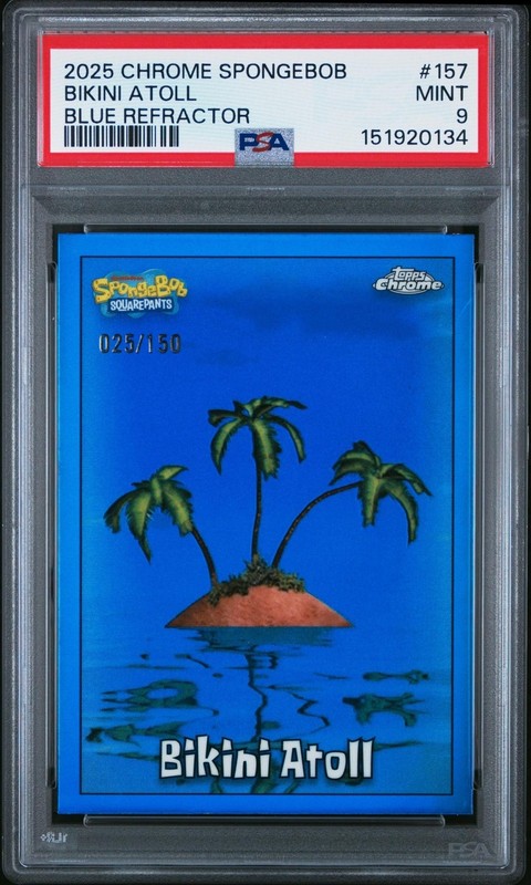 2025 Topps Chrome SpongeBob SquarePants Bikini Atoll Blue Refractor /150 PSA 9