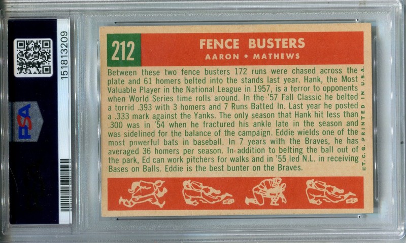 1959 Topps #212 Hank Aaron/Eddie Mathews PSA 4 VG-EX Fence Busters view 2