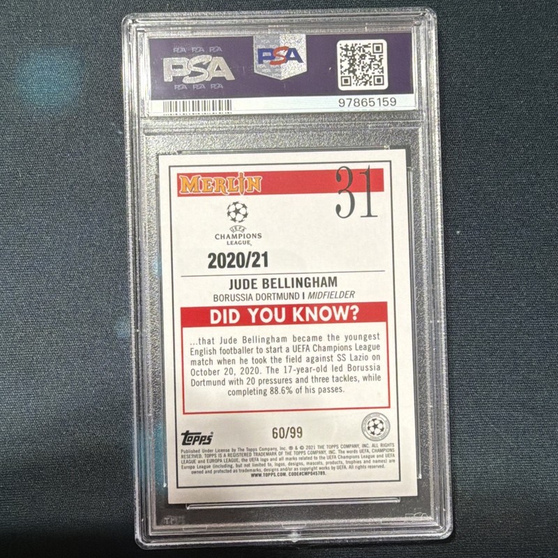 2020-21 Topps Merlin UEFA Jude Bellingham #31 RC Rookie Green Mojo /99 PSA 10 view 2