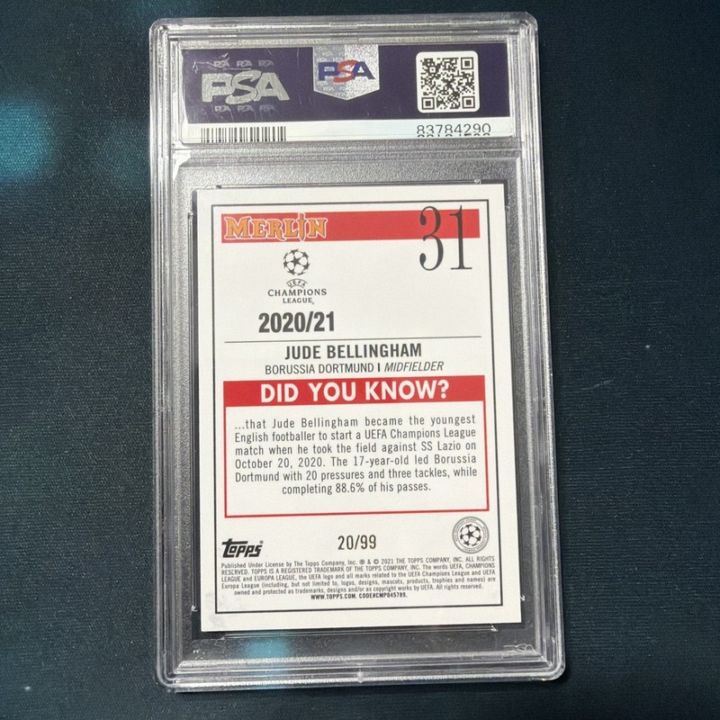 2020 Topps Merlin UCL Jude Bellingham Rookie Green Refractor #20/99 PSA10 RC view 2