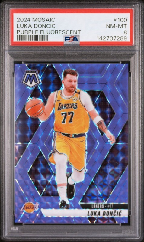2024-25 Panini Mosaic Luka Doncic Purple Fluorescent Prizm /249 PSA 8 Lakers