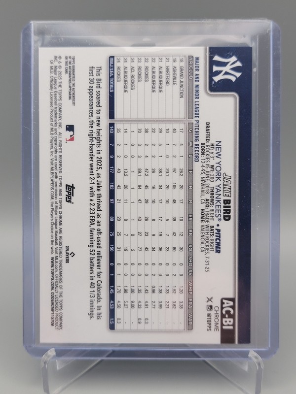 2025 Topps Chrome Update Jake Bird Auto True Gold Refractor #/50 Yankees view 2