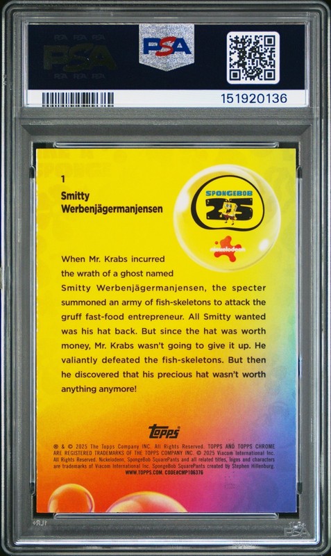 2025 SpongeBob SquarePants Smitty Werbenjagermanjensen Blue Refractor /150 PSA 9 view 2