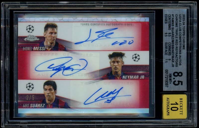 2023-24 Topps Chrome UCC Messi Suarez Neymar Jr. Triple Auto Red /5 BGS 8.5