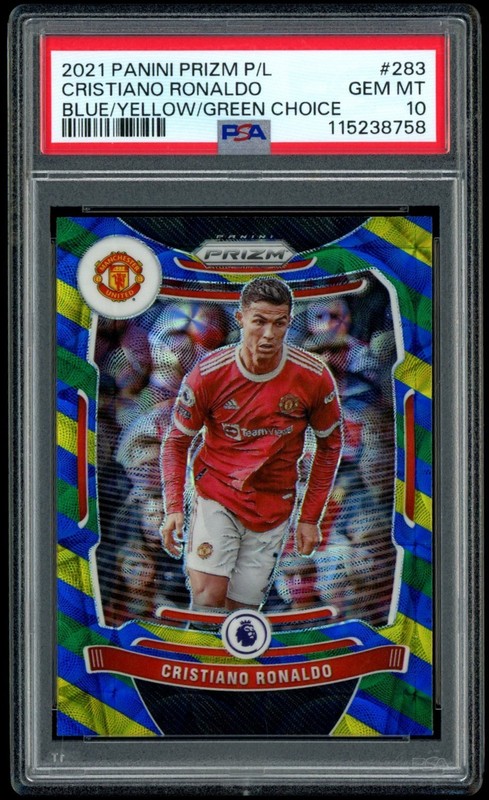2021 Prizm Premier League #283 Cristiano Ronaldo Blue Yellow Green Choice PSA 10