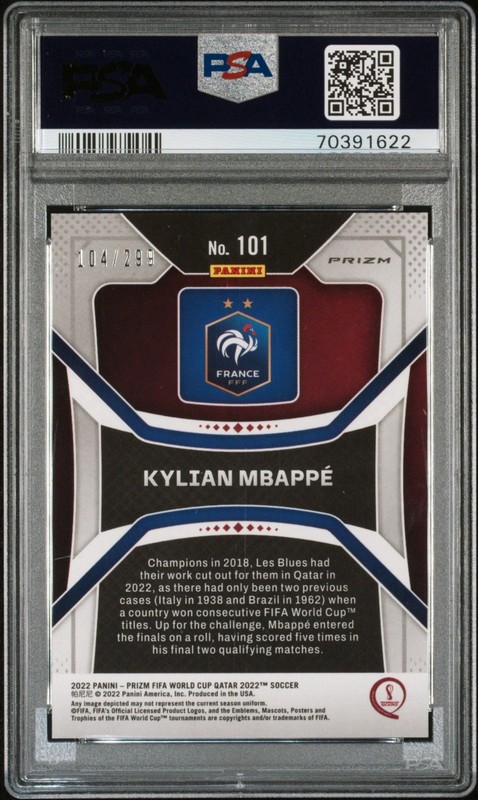 2022 PANINI PRIZM WORLD CUP KYLIAN MBAPPE #101 BLUE /299 PSA 9 - FRANCE view 2
